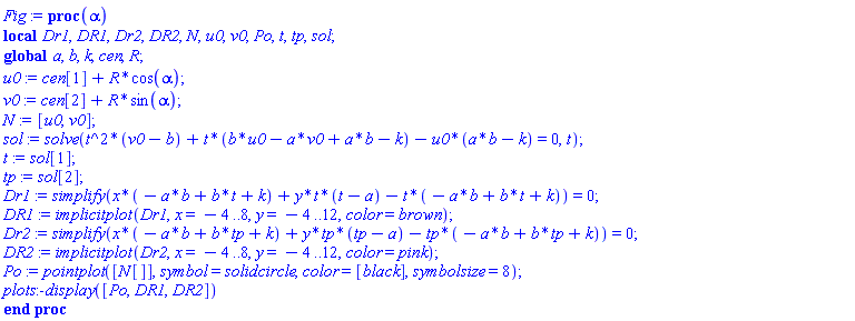 proc (alpha) local Dr1, DR1, Dr2, DR2, N, u0, v0, Po, t, tp, sol; global a, b, k, cen, R; u0 := cen[1]+R*cos(alpha); v0 := cen[2]+R*sin(alpha); N := [u0, v0]; sol := solve(t^2*(v0-b)+t*(b*u0-a*v0+a*b-k)-u0*(a*b-k) = 0, t); t := sol[1]; tp := sol[2]; Dr1 := simplify(x*(-a*b+b*t+k)+y*t*(t-a)-t*(-a*b+b*t+k)) = 0; DR1 := implicitplot(Dr1, x = -4 .. 8, y = -4 .. 12, color = brown); Dr2 := simplify(x*(-a*b+b*tp+k)+y*tp*(tp-a)-tp*(-a*b+b*tp+k)) = 0; DR2 := implicitplot(Dr2, x = -4 .. 8, y = -4 .. 12, color = pink); Po := pointplot([N[]], symbol = solidcircle, color = [black], symbolsize = 8); plots:-display([Po, DR1, DR2]) end proc