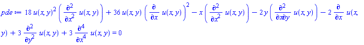 18*u(x, y)^2*(diff(diff(u(x, y), x), x))+36*u(x, y)*(diff(u(x, y), x))^2-x*(diff(diff(u(x, y), x), x))-2*y*(diff(diff(u(x, y), x), y))-2*(diff(u(x, y), x))+3*(diff(diff(u(x, y), y), y))+3*(diff(diff(diff(diff(u(x, y), x), x), x), x)) = 0