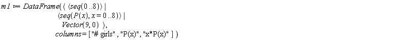 m1 := DataFrame(`<|>`(`<,>`(seq(0 .. 8)), `<,>`(seq(P(x), x = 0 .. 8)), Vector(9, 0)), columns = ["# girls", "P(x)", "x*P(x)"])