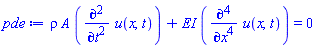 rho*A*(diff(diff(u(x, t), t), t))+EI*(diff(diff(diff(diff(u(x, t), x), x), x), x)) = 0