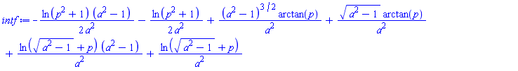 -(1/2)*ln(p^2+1)*(a^2-1)/a^2-(1/2)*ln(p^2+1)/a^2+(a^2-1)^(3/2)*arctan(p)/a^2+(a^2-1)^(1/2)*arctan(p)/a^2+ln((a^2-1)^(1/2)+p)*(a^2-1)/a^2+ln((a^2-1)^(1/2)+p)/a^2