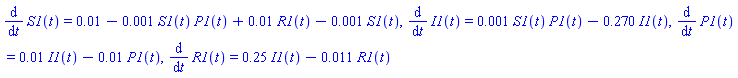 diff(S1(t), t) = 0.1e-1-0.1e-2*S1(t)*P1(t)+0.1e-1*R1(t)-0.1e-2*S1(t), diff(I1(t), t) = 0.1e-2*S1(t)*P1(t)-.270*I1(t), diff(P1(t), t) = 0.1e-1*I1(t)-0.1e-1*P1(t), diff(R1(t), t) = .25*I1(t)-0.11e-1*R1(t)