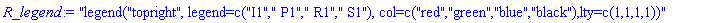 "legend("topright", legend=c("I1"," P1"," R1"," S1"), col=c("red","green","blue","black"),lty=c(1,1,1,1))"