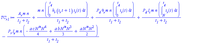 A__r*m*n/(t__1+t__2)+m*n*(int(h__r*(i__r*t+1)*i__r(t), t = 0 .. t__4))/(t__1+t__2)+P__d*theta__r*m*n*(int(i__r(t), t = 0 .. t__4))/(t__1+t__2)+P__d*I__c*m*n*(int(i__r(t), t = N .. t__4))/(t__1+t__2)-P__r*I__e*m*n*(-(1/4)*a*c*N^alpha*N^4+(1/3)*a*b*N^alpha*N^3+(1/2)*a*N^alpha*N^2)/(t__1+t__2)