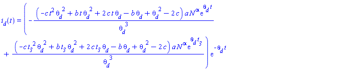 i__d(t) = (-(-c*t^2*theta__d^2+b*t*theta__d^2+2*c*t*theta__d-b*theta__d+theta__d^2-2*c)*a*N^alpha*exp(theta__d*t)/theta__d^3+(-c*t__3^2*theta__d^2+b*t__3*theta__d^2+2*c*t__3*theta__d-b*theta__d+theta__d^2-2*c)*a*N^alpha*exp(theta__d*t__3)/theta__d^3)*exp(-theta__d*t)