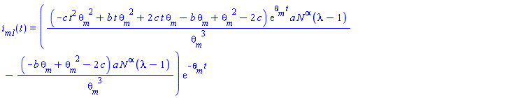 i__m1(t) = ((-c*t^2*theta__m^2+b*t*theta__m^2+2*c*t*theta__m-b*theta__m+theta__m^2-2*c)*exp(theta__m*t)*a*N^alpha*(lambda-1)/theta__m^3-(-b*theta__m+theta__m^2-2*c)*a*N^alpha*(lambda-1)/theta__m^3)*exp(-theta__m*t)