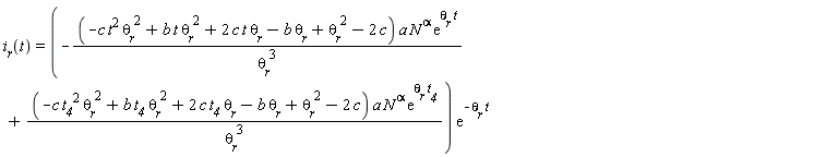 i__r(t) = (-(-c*t^2*`&theta;__r`^2+b*t*`&theta;__r`^2+2*c*t*`&theta;__r`-b*`&theta;__r`+`&theta;__r`^2-2*c)*a*N^alpha*exp(`&theta;__r`*t)/`&theta;__r`^3+(-c*t__4^2*`&theta;__r`^2+b*t__4*`&theta;__r`^2+2*c*t__4*`&theta;__r`-b*`&theta;__r`+`&theta;__r`^2-2*c)*a*N^alpha*exp(`&theta;__r`*t__4)/`&theta;__r`^3)*exp(-`&theta;__r`*t)
