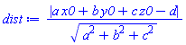 abs(a*x0+b*y0+c*z0-d)/(a^2+b^2+c^2)^(1/2)