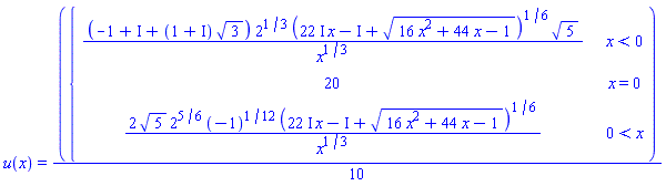 u(x) = (1/10)*piecewise(x < 0, ((-1+I)+(1+I)*sqrt(3))*2^(1/3)*((22*I)*x-I+sqrt(16*x^2+44*x-1))^(1/6)*sqrt(5)/x^(1/3), x = 0, 20, 0 < x, 2*sqrt(5)*2^(5/6)*(-1)^(1/12)*((22*I)*x-I+sqrt(16*x^2+44*x-1))^(1/6)/x^(1/3))