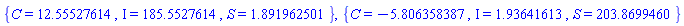 {C = 12.55527614, Iota = 185.5527614, S = 1.891962501}, {C = -5.806358387, Iota = 1.93641613, S = 203.8699460}