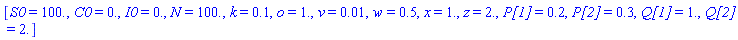[S0 = 100., C0 = 0., I0 = 0., N = 100., k = .1, o = 1., v = 0.1e-1, w = .5, x = 1., z = 2., `P[1]` = .2, `P[2]` = .3, `Q[1]` = 1., `Q[2]` = 2.]