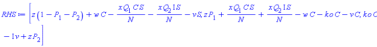 [z*(1-P[1]-P[2])+w*C-x*Q[1]*C*S/N-x*Q[2]*Iota*S/N-v*S, z*P[1]+x*Q[1]*C*S/N+x*Q[2]*Iota*S/N-w*C-k*o*C-v*C, C*k*o-Iota*v+z*P[2]]