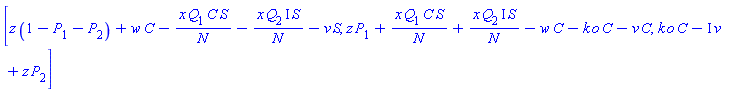 [z*(1-P[1]-P[2])+w*C-x*Q[1]*C*S/N-x*Q[2]*Iota*S/N-v*S, z*P[1]+x*Q[1]*C*S/N+x*Q[2]*Iota*S/N-w*C-k*o*C-v*C, C*k*o-Iota*v+z*P[2]]