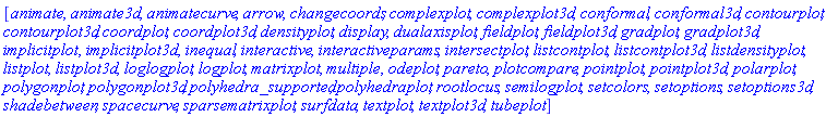 [animate, animate3d, animatecurve, arrow, changecoords, complexplot, complexplot3d, conformal, conformal3d, contourplot, contourplot3d, coordplot, coordplot3d, densityplot, display, dualaxisplot, fieldplot, fieldplot3d, gradplot, gradplot3d, implicitplot, implicitplot3d, inequal, interactive, interactiveparams, intersectplot, listcontplot, listcontplot3d, listdensityplot, listplot, listplot3d, loglogplot, logplot, matrixplot, multiple, odeplot, pareto, plotcompare, pointplot, pointplot3d, polarplot, polygonplot, polygonplot3d, polyhedra_supported, polyhedraplot, rootlocus, semilogplot, setcolors, setoptions, setoptions3d, shadebetween, spacecurve, sparsematrixplot, surfdata, textplot, textplot3d, tubeplot]
