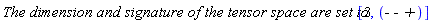 `The dimension and signature of the tensor space are set to `[3, `- - +`]