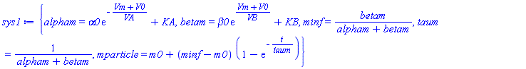 {alpham = alpha0*exp(-(Vm+V0)/VA)+KA, betam = beta0*exp((Vm+V0)/VB)+KB, minf = betam/(alpham+betam), taum = 1/(alpham+betam), mparticle = m0+(minf-m0)*(1-exp(-t/taum))}
