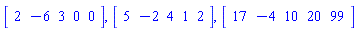 Vector[row](5, {(1) = 2, (2) = -6, (3) = 3, (4) = 0, (5) = 0}), Vector[row](5, {(1) = 5, (2) = -2, (3) = 4, (4) = 1, (5) = 2}), Vector[row](5, {(1) = 17, (2) = -4, (3) = 10, (4) = 20, (5) = 99})