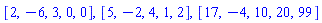 [2, -6, 3, 0, 0], [5, -2, 4, 1, 2], [17, -4, 10, 20, 99]