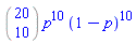 %binomial(20, 10)*p^10*(1-p)^10