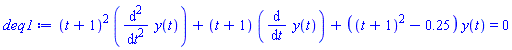 (t+1)^2*(diff(diff(y(t), t), t))+(t+1)*(diff(y(t), t))+((t+1)^2-.25)*y(t) = 0