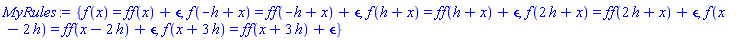 {f(x) = ff(x)+epsilon, f(-h+x) = ff(-h+x)+epsilon, f(h+x) = ff(h+x)+epsilon, f(2*h+x) = ff(2*h+x)+epsilon, f(x-2*h) = ff(x-2*h)+epsilon, f(x+3*h) = ff(x+3*h)+epsilon}