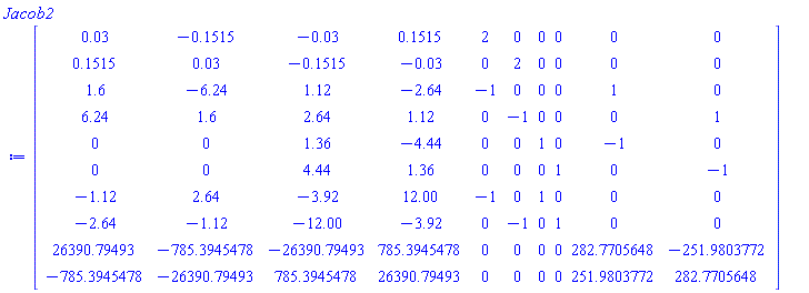 Matrix(10, 10, {(1, 1) = 0.3e-1, (1, 2) = -.1515, (1, 3) = -0.3e-1, (1, 4) = .1515, (1, 5) = 2, (1, 6) = 0, (1, 7) = 0, (1, 8) = 0, (1, 9) = 0, (1, 10) = 0, (2, 1) = .1515, (2, 2) = 0.3e-1, (2, 3) = -.1515, (2, 4) = -0.3e-1, (2, 5) = 0, (2, 6) = 2, (2, 7) = 0, (2, 8) = 0, (2, 9) = 0, (2, 10) = 0, (3, 1) = 1.6, (3, 2) = -6.24, (3, 3) = 1.12, (3, 4) = -2.64, (3, 5) = -1, (3, 6) = 0, (3, 7) = 0, (3, 8) = 0, (3, 9) = 1, (3, 10) = 0, (4, 1) = 6.24, (4, 2) = 1.6, (4, 3) = 2.64, (4, 4) = 1.12, (4, 5) = 0, (4, 6) = -1, (4, 7) = 0, (4, 8) = 0, (4, 9) = 0, (4, 10) = 1, (5, 1) = 0, (5, 2) = 0, (5, 3) = 1.36, (5, 4) = -4.44, (5, 5) = 0, (5, 6) = 0, (5, 7) = 1, (5, 8) = 0, (5, 9) = -1, (5, 10) = 0, (6, 1) = 0, (6, 2) = 0, (6, 3) = 4.44, (6, 4) = 1.36, (6, 5) = 0, (6, 6) = 0, (6, 7) = 0, (6, 8) = 1, (6, 9) = 0, (6, 10) = -1, (7, 1) = -1.12, (7, 2) = 2.64, (7, 3) = -3.92, (7, 4) = 12.00, (7, 5) = -1, (7, 6) = 0, (7, 7) = 1, (7, 8) = 0, (7, 9) = 0, (7, 10) = 0, (8, 1) = -2.64, (8, 2) = -1.12, (8, 3) = -12.00, (8, 4) = -3.92, (8, 5) = 0, (8, 6) = -1, (8, 7) = 0, (8, 8) = 1, (8, 9) = 0, (8, 10) = 0, (9, 1) = 26390.79493, (9, 2) = -785.3945478, (9, 3) = -26390.79493, (9, 4) = 785.3945478, (9, 5) = 0, (9, 6) = 0, (9, 7) = 0, (9, 8) = 0, (9, 9) = 282.7705648, (9, 10) = -251.9803772, (10, 1) = -785.3945478, (10, 2) = -26390.79493, (10, 3) = 785.3945478, (10, 4) = 26390.79493, (10, 5) = 0, (10, 6) = 0, (10, 7) = 0, (10, 8) = 0, (10, 9) = 251.9803772, (10, 10) = 282.7705648})