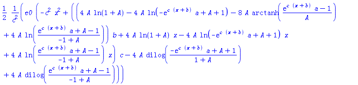 (1/2)*e0*(-c^2*x^2+((4*A*ln(1+A)-4*A*ln(-exp(c*(x+b))*a+A+1)-8*A*arctanh((exp(c*(x+b))*a-1)/A)+4*A*ln((exp(c*(x+b))*a+A-1)/(-1+A)))*b+4*A*ln(1+A)*x-4*A*ln(-exp(c*(x+b))*a+A+1)*x+4*A*ln((exp(c*(x+b))*a+A-1)/(-1+A))*x)*c-4*A*dilog((-exp(c*(x+b))*a+A+1)/(1+A))+4*A*dilog((exp(c*(x+b))*a+A-1)/(-1+A)))/c^2