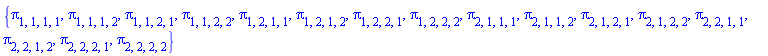 {pi[1, 1, 1, 1], pi[1, 1, 1, 2], pi[1, 1, 2, 1], pi[1, 1, 2, 2], pi[1, 2, 1, 1], pi[1, 2, 1, 2], pi[1, 2, 2, 1], pi[1, 2, 2, 2], pi[2, 1, 1, 1], pi[2, 1, 1, 2], pi[2, 1, 2, 1], pi[2, 1, 2, 2], pi[2, 2, 1, 1], pi[2, 2, 1, 2], pi[2, 2, 2, 1], pi[2, 2, 2, 2]}