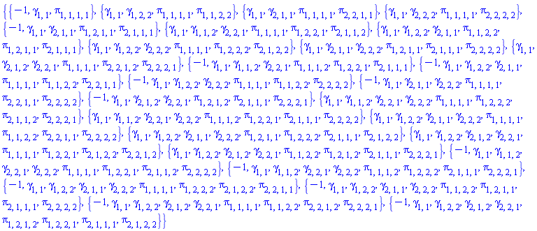 {{-1, gamma[1, 1], pi[1, 1, 1, 1]}, {gamma[1, 1], gamma[1, 2, 2], pi[1, 1, 1, 1], pi[1, 1, 2, 2]}, {gamma[1, 1], gamma[2, 1, 1], pi[1, 1, 1, 1], pi[2, 2, 1, 1]}, {gamma[1, 1], gamma[2, 2, 2], pi[1, 1, 1, 1], pi[2, 2, 2, 2]}, {-1, gamma[1, 1], gamma[2, 1, 1], pi[1, 2, 1, 1], pi[2, 1, 1, 1]}, {gamma[1, 1], gamma[1, 1, 2], gamma[2, 2, 1], pi[1, 1, 1, 1], pi[1, 2, 2, 1], pi[2, 1, 1, 2]}, {gamma[1, 1], gamma[1, 2, 2], gamma[2, 1, 1], pi[1, 1, 2, 2], pi[1, 2, 1, 1], pi[2, 1, 1, 1]}, {gamma[1, 1], gamma[1, 2, 2], gamma[2, 2, 2], pi[1, 1, 1, 1], pi[1, 2, 2, 2], pi[2, 1, 2, 2]}, {gamma[1, 1], gamma[2, 1, 1], gamma[2, 2, 2], pi[1, 2, 1, 1], pi[2, 1, 1, 1], pi[2, 2, 2, 2]}, {gamma[1, 1], gamma[2, 1, 2], gamma[2, 2, 1], pi[1, 1, 1, 1], pi[2, 2, 1, 2], pi[2, 2, 2, 1]}, {-1, gamma[1, 1], gamma[1, 1, 2], gamma[2, 2, 1], pi[1, 1, 1, 2], pi[1, 2, 2, 1], pi[2, 1, 1, 1]}, {-1, gamma[1, 1], gamma[1, 2, 2], gamma[2, 1, 1], pi[1, 1, 1, 1], pi[1, 1, 2, 2], pi[2, 2, 1, 1]}, {-1, gamma[1, 1], gamma[1, 2, 2], gamma[2, 2, 2], pi[1, 1, 1, 1], pi[1, 1, 2, 2], pi[2, 2, 2, 2]}, {-1, gamma[1, 1], gamma[2, 1, 1], gamma[2, 2, 2], pi[1, 1, 1, 1], pi[2, 2, 1, 1], pi[2, 2, 2, 2]}, {-1, gamma[1, 1], gamma[2, 1, 2], gamma[2, 2, 1], pi[1, 2, 1, 2], pi[2, 1, 1, 1], pi[2, 2, 2, 1]}, {gamma[1, 1], gamma[1, 1, 2], gamma[2, 2, 1], gamma[2, 2, 2], pi[1, 1, 1, 1], pi[1, 2, 2, 2], pi[2, 1, 1, 2], pi[2, 2, 2, 1]}, {gamma[1, 1], gamma[1, 1, 2], gamma[2, 2, 1], gamma[2, 2, 2], pi[1, 1, 1, 2], pi[1, 2, 2, 1], pi[2, 1, 1, 1], pi[2, 2, 2, 2]}, {gamma[1, 1], gamma[1, 2, 2], gamma[2, 1, 1], gamma[2, 2, 2], pi[1, 1, 1, 1], pi[1, 1, 2, 2], pi[2, 2, 1, 1], pi[2, 2, 2, 2]}, {gamma[1, 1], gamma[1, 2, 2], gamma[2, 1, 1], gamma[2, 2, 2], pi[1, 2, 1, 1], pi[1, 2, 2, 2], pi[2, 1, 1, 1], pi[2, 1, 2, 2]}, {gamma[1, 1], gamma[1, 2, 2], gamma[2, 1, 2], gamma[2, 2, 1], pi[1, 1, 1, 1], pi[1, 2, 2, 1], pi[2, 1, 2, 2], pi[2, 2, 1, 2]}, {gamma[1, 1], gamma[1, 2, 2], gamma[2, 1, 2], gamma[2, 2, 1], pi[1, 1, 2, 2], pi[1, 2, 1, 2], pi[2, 1, 1, 1], pi[2, 2, 2, 1]}, {-1, gamma[1, 1], gamma[1, 1, 2], gamma[2, 2, 1], gamma[2, 2, 2], pi[1, 1, 1, 1], pi[1, 2, 2, 1], pi[2, 1, 1, 2], pi[2, 2, 2, 2]}, {-1, gamma[1, 1], gamma[1, 1, 2], gamma[2, 2, 1], gamma[2, 2, 2], pi[1, 1, 1, 2], pi[1, 2, 2, 2], pi[2, 1, 1, 1], pi[2, 2, 2, 1]}, {-1, gamma[1, 1], gamma[1, 2, 2], gamma[2, 1, 1], gamma[2, 2, 2], pi[1, 1, 1, 1], pi[1, 2, 2, 2], pi[2, 1, 2, 2], pi[2, 2, 1, 1]}, {-1, gamma[1, 1], gamma[1, 2, 2], gamma[2, 1, 1], gamma[2, 2, 2], pi[1, 1, 2, 2], pi[1, 2, 1, 1], pi[2, 1, 1, 1], pi[2, 2, 2, 2]}, {-1, gamma[1, 1], gamma[1, 2, 2], gamma[2, 1, 2], gamma[2, 2, 1], pi[1, 1, 1, 1], pi[1, 1, 2, 2], pi[2, 2, 1, 2], pi[2, 2, 2, 1]}, {-1, gamma[1, 1], gamma[1, 2, 2], gamma[2, 1, 2], gamma[2, 2, 1], pi[1, 2, 1, 2], pi[1, 2, 2, 1], pi[2, 1, 1, 1], pi[2, 1, 2, 2]}}