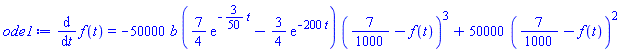 diff(f(t), t) = -50000*b*((7/4)*exp(-(3/50)*t)-(3/4)*exp(-200*t))*(7/1000-f(t))^3+50000*(7/1000-f(t))^2