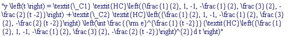 "y \left(t \right) = \textit{\_C1} \textit{HC}\left({\frac{1}{2}, 1, -1, -\frac{1}{2}, \frac{3}{2}, -\frac{2}{t -2}}\right)+\textit{\_C2} \textit{HC}\left({\frac{1}{2}, 1, -1, -\frac{1}{2}, \frac{3}{2}, -\frac{2}{t -2}}\right) \left(\int \frac{{\rm e}^{\frac{1}{t -2}}}{\textit{HC}\left({\frac{1}{2}, 1, -1, -\frac{1}{2}, \frac{3}{2}, -\frac{2}{t -2}}\right)^{2}}d t \right)"