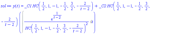 y(t) = _C1*HeunC(1/2, 1, -1, -1/2, 3/2, -2/(t-2))+_C2*HeunC(1/2, 1, -1, -1/2, 3/2, -2/(t-2))*(Int(exp(1/(t-2))/HeunC(1/2, 1, -1, -1/2, 3/2, -2/(t-2))^2, t))