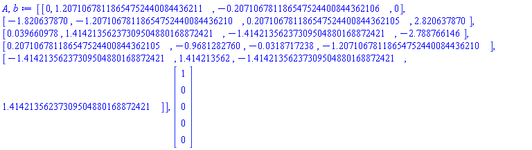 A, b := Matrix(5, 4, {(1, 1) = 0, (1, 2) = 1.20710678118654752440084436211, (1, 3) = -.207106781186547524400844362106, (1, 4) = 0, (2, 1) = -1.820637870, (2, 2) = -1.20710678118654752440084436210, (2, 3) = .207106781186547524400844362105, (2, 4) = 2.820637870, (3, 1) = 0.39660978e-1, (3, 2) = 1.41421356237309504880168872421, (3, 3) = -1.41421356237309504880168872421, (3, 4) = -2.788766146, (4, 1) = .207106781186547524400844362105, (4, 2) = -.9681282760, (4, 3) = -0.318717238e-1, (4, 4) = -1.20710678118654752440084436210, (5, 1) = -1.41421356237309504880168872421, (5, 2) = 1.414213562, (5, 3) = -1.41421356237309504880168872421, (5, 4) = 1.41421356237309504880168872421}), Vector(5, {(1) = 1, (2) = 0, (3) = 0, (4) = 0, (5) = 0})