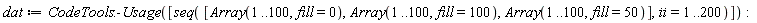 dat := CodeTools:-Usage([seq([Array(1 .. 100, fill = 0), Array(1 .. 100, fill = 100), Array(1 .. 100, fill = 50)], ii = 1 .. 200)])