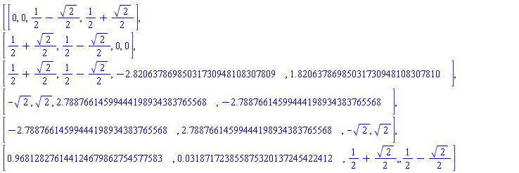 Matrix(6, 4, {(1, 1) = 0, (1, 2) = 0, (1, 3) = 1/2-(1/2)*sqrt(2), (1, 4) = 1/2+(1/2)*sqrt(2), (2, 1) = 1/2+(1/2)*sqrt(2), (2, 2) = 1/2-(1/2)*sqrt(2), (2, 3) = 0, (2, 4) = 0, (3, 1) = 1/2+(1/2)*sqrt(2), (3, 2) = 1/2-(1/2)*sqrt(2), (3, 3) = -2.82063786985031730948108307809, (3, 4) = 1.82063786985031730948108307810, (4, 1) = -sqrt(2), (4, 2) = sqrt(2), (4, 3) = 2.78876614599444198934383765568, (4, 4) = -2.78876614599444198934383765568, (5, 1) = -2.78876614599444198934383765568, (5, 2) = 2.78876614599444198934383765568, (5, 3) = -sqrt(2), (5, 4) = sqrt(2), (6, 1) = .968128276144124679862754577583, (6, 2) = 0.31871723855875320137245422412e-1, (6, 3) = 1/2+(1/2)*sqrt(2), (6, 4) = 1/2-(1/2)*sqrt(2)})