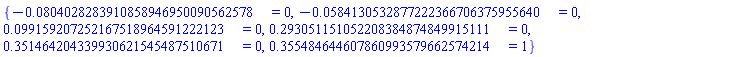 {-0.804028283910858946950090562578e-1 = 0, -0.584130532877222366706375955640e-1 = 0, 0.99159207252167518964591222123e-1 = 0, .293051151052208384874849915111 = 0, .351464204339930621545487510671 = 0, .355484644607860993579662574214 = 1}