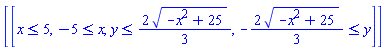 [[x <= 5, -5 <= x, y <= (2/3)*(-x^2+25)^(1/2), -(2/3)*(-x^2+25)^(1/2) <= y]]