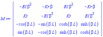 Matrix(4, 4, {(1, 1) = -EI*beta^2, (1, 2) = -Kr*beta, (1, 3) = EI*beta^2, (1, 4) = -Kr*beta, (2, 1) = Kt, (2, 2) = -EI*beta^3, (2, 3) = Kt, (2, 4) = EI*beta^3, (3, 1) = -cos(beta*L), (3, 2) = -sin(beta*L), (3, 3) = cosh(beta*L), (3, 4) = sinh(beta*L), (4, 1) = sin(beta*L), (4, 2) = -cos(beta*L), (4, 3) = sinh(beta*L), (4, 4) = cosh(beta*L)})