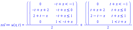 u(x, t) = (1/2)*piecewise(-t+x < -1, 0, -t+x <= 0, -t+x+2, -t+x <= 1, 2+t-x, 1 < -t+x, 0)+(1/2)*piecewise(t+x < -1, 0, t+x <= 0, t+x+2, t+x <= 1, 2-t-x, 1 < t+x, 0)