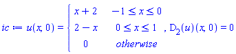ic := u(x, 0) = piecewise(-1 <= x and x <= 0, x+2, 0 <= x and x <= 1, 2-x, 0), (D[2](u))(x, 0) = 0