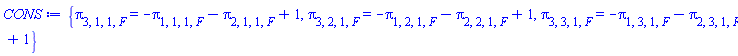 {pi[3, 1, 1, F] = -pi[1, 1, 1, F]-pi[2, 1, 1, F]+1, pi[3, 2, 1, F] = -pi[1, 2, 1, F]-pi[2, 2, 1, F]+1, pi[3, 3, 1, F] = -pi[1, 3, 1, F]-pi[2, 3, 1, F]+1}