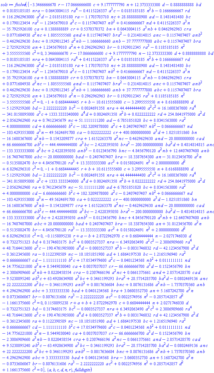 fsolve({-3.346666667*r-17.06666666*c+9.177777779*n+12.37333333*d-.8888888888*b*d+0.1851851852e-1*n*r*a-0.6430041150e-1*r*a^4-.4115226337*a^3*c-0.1851851852e-1*n^2*b-.1666666667*r*d+116.2962963*a^2*d-2.018518518*r*a-1.170370371*n*c+28.88888889*a*d-8.148148148*b*c+.1790123454*r*a^2-1.234567901*a^2*c-.1157407407*n*b^2+.4166666667*n*d+.4115226337*a^3*n-35.79259261*c*a+.1388888889*c*r+.5370370372*b*n+0.6430041150e-1*a^3*n*b+0.4629629630e-1*c*r*a-0.7716049383e-1*a^2*n*c+1.805555556*a*n*d+.1157407407*b*r*a^2-.2314814815*a*n*c-.1157407407*a*n*b^2-.4629629630*b*n*c+.1929012345*a^2*n*b-1.166666666*a*n*b-37.77777778*a*b*c+.1157407407*b*r*a-2.725925925*a*n+1.234567901*a^2*n+.2962962963*b*r-.1929012345*r*a^3-.1185185185*n^2+3.555555556*c^2 = 0, 3.346666667*r-17.06666666*c+9.177777779*n-12.37333333*d+.8888888888*b*d-0.1851851852e-1*n*r*a+0.6430041150e-1*r*a^4+.4115226337*a^3*c+0.1851851852e-1*n^2*b+.1666666667*r*d-116.2962963*a^2*d-2.018518518*r*a+1.170370371*n*c+28.88888889*a*d-8.148148148*b*c-.1790123454*r*a^2-1.234567901*a^2*c-.1157407407*n*b^2+.4166666667*n*d-.4115226337*a^3*n+35.79259261*c*a+.1388888889*c*r+.5370370372*b*n-0.6430041150e-1*a^3*n*b-0.4629629630e-1*c*r*a+0.7716049383e-1*a^2*n*c-1.805555556*a*n*d-.1157407407*b*r*a^2-.2314814815*a*n*c+.1157407407*a*n*b^2+.4629629630*b*n*c+.1929012345*a^2*n*b+1.166666666*a*n*b+37.77777778*a*b*c+.1157407407*b*r*a+2.725925925*a*n+1.234567901*a^2*n-.2962962963*b*r-.1929012345*r*a^3+.1185185185*n^2-3.555555556*c^2 = 0, -1+.6684444445*r+b-10.61155556*c-3.299555555*n+8.616888889*d-5.125925926*b*d-2.222222222*b*c^2-0.2469135803e-2*n*r*a+44.44444444*a^2*c^2+16.16083676*r*a^4-341.0150895*a^3*c+1333.333334*a^4*d+0.2469135803e-2*n^2*b+0.2222222223e-1*r*d+254.8641975*a^2*d+2.056296296*r*a+.7412345679*n*c+51.11111112*a*d-6.785185182*b*c+8.034156380*r*a^2-4.000000000*c*d+6.666666666*b^2*c-102.3209878*a^2*c+.2407407407*n*b^2-0.6666666666e-1*n*d-103.4293553*a^3*n-49.56246917*c*a-0.2222222222e-1*c*r+400.0000000*a^3*d+1.025185186*b*n-16.16083676*a^3*n*b-.1543209877*c*r*a+1.615226337*a^2*n*c-.4629629630*a*n*d-20.00000000*c*a*d+66.66666667*a*b^2*c-444.4444444*a^3*b*c-2.422839505*b*r*a^2-200.0000000*b*a^2*d+.4814814815*a*n*c-133.3333333*a^2*b*c+2.422839505*a*n*b^2-0.1234567899e-1*b*n*c-4.845679012*a^2*n*b+12.64074074*a*n*b-16.74074070*a*b*c-20.00000000*b*a*d-.2407407407*b*r*a-18.33876543*a*n-31.01234567*a^2*n-.5135802470*b*r+4.845679012*r*a^3+13.33333333*a*c^2+0.1580246914e-1*n^2+2.000000000*d^2+6.829629631*c^2 = 0, -1+.6684444445*r+b+10.61155556*c+3.299555555*n+8.616888889*d-5.125925926*b*d-2.222222222*b*c^2-0.2469135803e-2*n*r*a+44.44444444*a^2*c^2+16.16083676*r*a^4-341.0150895*a^3*c+1333.333334*a^4*d+0.2469135803e-2*n^2*b+0.2222222223e-1*r*d+254.8641975*a^2*d-2.056296296*r*a+.7412345679*n*c-51.11111112*a*d+6.785185182*b*c+8.034156380*r*a^2+4.000000000*c*d-6.666666666*b^2*c+102.3209878*a^2*c-.2407407407*n*b^2+0.6666666666e-1*n*d-103.4293553*a^3*n-49.56246917*c*a+0.2222222222e-1*c*r-400.0000000*a^3*d-1.025185186*b*n-16.16083676*a^3*n*b-.1543209877*c*r*a+1.615226337*a^2*n*c-.4629629630*a*n*d-20.00000000*c*a*d+66.66666667*a*b^2*c-444.4444444*a^3*b*c-2.422839505*b*r*a^2-200.0000000*b*a^2*d-.4814814815*a*n*c+133.3333333*a^2*b*c+2.422839505*a*n*b^2-0.1234567899e-1*b*n*c+4.845679012*a^2*n*b+12.64074074*a*n*b-16.74074070*a*b*c+20.00000000*b*a*d+.2407407407*b*r*a-18.33876543*a*n+31.01234567*a^2*n-.5135802470*b*r-4.845679012*r*a^3-13.33333333*a*c^2+0.1580246914e-1*n^2+2.000000000*d^2+6.829629631*c^2 = 0, -.1158095238*r+a-b+2.872296297*c+.6684444444*n-2.027174603*d+.7322751323*b*d+.3174603175*b*c^2+0.3527336861e-3*n*r*a-6.349206349*a^2*c^2-2.308690966*r*a^4+48.71644136*a^3*c-190.4761905*a^4*d-0.3527336861e-3*n^2*b-0.3174603176e-2*r*d-42.12345679*a^2*d-.3612345680*r*a-.1122398589*n*c-10.18518519*a*d+1.686419753*b*c-1.216519694*r*a^2+.6666666667*c*d-1.111111111*b^2*c+17.05349796*a^2*c-0.4012345678e-1*n*b^2+0.1111111111e-1*n*d+14.77562218*a^3*n+8.544903004*c*a+0.3703703704e-2*c*r-66.66666667*a^3*d-.1523456790*b*n+2.308690966*a^3*n*b+0.2204585538e-1*c*r*a-.2307466196*a^2*n*c+0.6613756614e-1*a*n*d+2.857142857*c*a*d-9.523809524*a*b^2*c+63.49206349*a^3*b*c+.3461199293*b*r*a^2+28.57142857*b*a^2*d-0.8024691358e-1*a*n*c+22.22222222*a^2*b*c-.3461199293*a*n*b^2+0.1763668427e-2*b*n*c+.8076131686*a^2*n*b-1.737037036*a*n*b+4.296296290*a*b*c+3.333333333*b*a*d+0.4012345678e-1*b*r*a+3.060035273*a*n+5.168724278*a^2*n+0.7336860671e-1*b*r-.8076131686*r*a^3-2.222222222*a*c^2-0.2257495591e-2*n^2-.2857142857*d^2-1.166137566*c^2 = 0, .1158095238*r+a+b+2.872296297*c+.6684444444*n+2.027174603*d-.7322751323*b*d-.3174603175*b*c^2-0.3527336861e-3*n*r*a+6.349206349*a^2*c^2+2.308690966*r*a^4-48.71644136*a^3*c+190.4761905*a^4*d+0.3527336861e-3*n^2*b+0.3174603176e-2*r*d+42.12345679*a^2*d-.3612345680*r*a+.1122398589*n*c-10.18518519*a*d+1.686419753*b*c+1.216519694*r*a^2+.6666666667*c*d-1.111111111*b^2*c+17.05349796*a^2*c-0.4012345678e-1*n*b^2+0.1111111111e-1*n*d-14.77562218*a^3*n-8.544903004*c*a+0.3703703704e-2*c*r-66.66666667*a^3*d-.1523456790*b*n-2.308690966*a^3*n*b-0.2204585538e-1*c*r*a+.2307466196*a^2*n*c-0.6613756614e-1*a*n*d-2.857142857*c*a*d+9.523809524*a*b^2*c-63.49206349*a^3*b*c-.3461199293*b*r*a^2-28.57142857*b*a^2*d-0.8024691358e-1*a*n*c+22.22222222*a^2*b*c+.3461199293*a*n*b^2-0.1763668427e-2*b*n*c+.8076131686*a^2*n*b+1.737037036*a*n*b-4.296296290*a*b*c+3.333333333*b*a*d+0.4012345678e-1*b*r*a-3.060035273*a*n+5.168724278*a^2*n-0.7336860671e-1*b*r-.8076131686*r*a^3-2.222222222*a*c^2+0.2257495591e-2*n^2+.2857142857*d^2+1.166137566*c^2 = 0}, {a, b, c, d, n, r}, fulldigits)