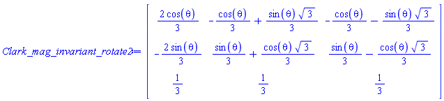 Matrix(3, 3, {(1, 1) = (2/3)*cos(theta), (1, 2) = -(1/3)*cos(theta)+(1/3)*sin(theta)*sqrt(3), (1, 3) = -(1/3)*cos(theta)-(1/3)*sin(theta)*sqrt(3), (2, 1) = -(2/3)*sin(theta), (2, 2) = (1/3)*sin(theta)+(1/3)*cos(theta)*sqrt(3), (2, 3) = (1/3)*sin(theta)-(1/3)*cos(theta)*sqrt(3), (3, 1) = 1/3, (3, 2) = 1/3, (3, 3) = 1/3})
