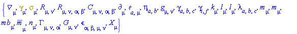 {Physics:-D_[mu], Physics:-Dgamma[mu], Physics:-Psigma[mu], Physics:-Ricci[mu, nu], Physics:-Riemann[mu, nu, alpha, beta], Physics:-Weyl[mu, nu, alpha, beta], Physics:-d_[mu], Physics:-Tetrads:-e_[a, mu], Physics:-Tetrads:-eta_[a, b], Physics:-g_[mu, nu], Physics:-Tetrads:-gamma_[a, b, c], Physics:-gamma_[i, j], k[mu], l[mu], Physics:-Tetrads:-l_[mu], Physics:-Tetrads:-lambda_[a, b, c], m[mu], Physics:-Tetrads:-m_[mu], mb[mu], Physics:-Tetrads:-mb_[mu], Physics:-Tetrads:-n_[mu], Physics:-Christoffel[mu, nu, alpha], Physics:-Einstein[mu, nu], Physics:-LeviCivita[alpha, beta, mu, nu], Physics:-SpaceTimeVector[mu](X)}