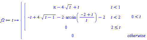 f2 := proc (t) options operator, arrow; piecewise(0 < t, piecewise(t < 1, Pi-4*sqrt(t)+t, t < 2, -t+4*sqrt(t-1)-2*arcsin((-2+t)/t)-2, 2 <= t, 0), 0) end proc