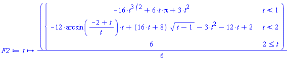 F2 := proc (t) options operator, arrow; (1/6)*piecewise(t < 1, -16*t^(3/2)+6*t*Pi+3*t^2, t < 2, -12*arcsin((-2+t)/t)*t+(16*t+8)*sqrt(t-1)-3*t^2-12*t+2, 2 <= t, 6) end proc