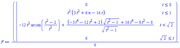(1/6)*piecewise(t <= 0, 0, t <= 1, t^2*(3*t^2+6*Pi-16*t), t < 2^(1/2), -12*t^2*arcsin((t^2-2)/t^2)+((-3*t^4-12*t^2+2)*(t^2-1)^(1/2)+16*t^4-8*t^2-8)/(t^2-1)^(1/2), 2^(1/2) <= t, 6)