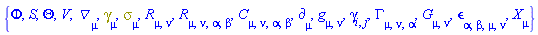 {Phi, S, Theta, V, Physics:-D_[mu], Physics:-Dgamma[mu], Physics:-Psigma[mu], Physics:-Ricci[mu, nu], Physics:-Riemann[mu, nu, alpha, beta], Physics:-Weyl[mu, nu, alpha, beta], Physics:-d_[mu], Physics:-g_[mu, nu], Physics:-gamma_[i, j], Physics:-Christoffel[mu, nu, alpha], Physics:-Einstein[mu, nu], Physics:-LeviCivita[alpha, beta, mu, nu], Physics:-SpaceTimeVector[mu](X)}