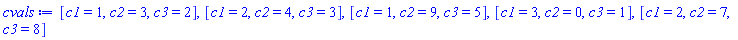 cvals := [c1 = 1, c2 = 3, c3 = 2], [c1 = 2, c2 = 4, c3 = 3], [c1 = 1, c2 = 9, c3 = 5], [c1 = 3, c2 = 0, c3 = 1], [c1 = 2, c2 = 7, c3 = 8]