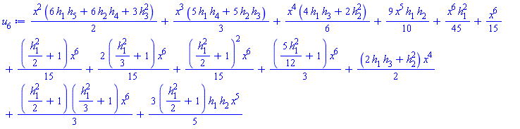 (1/2)*x^2*(6*h[1]*h[5]+6*h[2]*h[4]+3*h[3]^2)+(1/3)*x^3*(5*h[1]*h[4]+5*h[2]*h[3])+(1/6)*x^4*(4*h[1]*h[3]+2*h[2]^2)+(9/10)*x^5*h[1]*h[2]+(1/45)*x^6*h[1]^2+(1/15)*x^6+(1/15)*((1/2)*h[1]^2+1)*x^6+(2/15)*((1/3)*h[1]^2+1)*x^6+(1/15)*((1/2)*h[1]^2+1)^2*x^6+(1/3)*((5/12)*h[1]^2+1)*x^6+(1/2)*(2*h[1]*h[3]+h[2]^2)*x^4+(1/3)*((1/2)*h[1]^2+1)*((1/3)*h[1]^2+1)*x^6+(3/5)*((1/2)*h[1]^2+1)*h[1]*h[2]*x^5